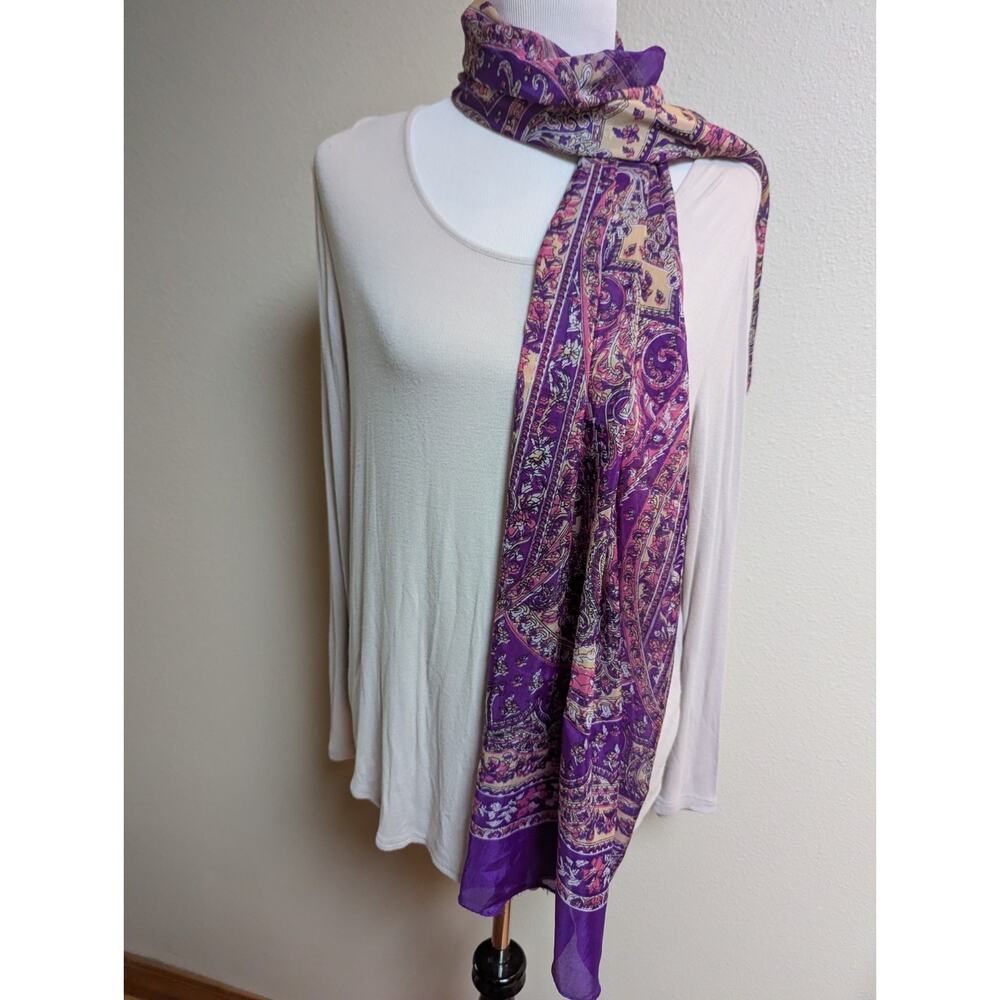 Silk Chiffon Paisley Rectangle Scarf Purple Beige Pink Women's & Top